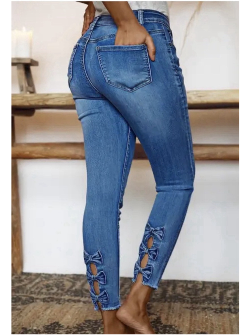 Flamingals Raw Hem Cut Out Bow Tie Mid Waist Crop Skinny Jeans S